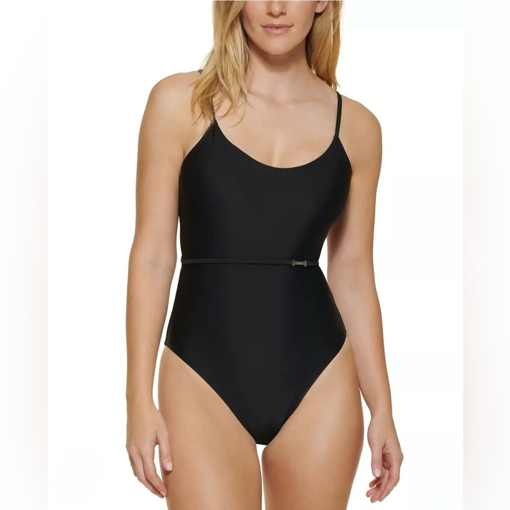 Calvin Klein Black over the shoulder wrap around one piece swimsuit.
